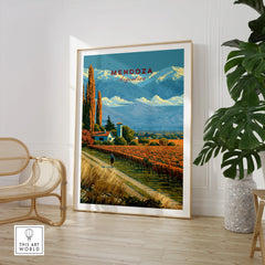 Mendoza Argentina Bodega Travel Poster — large framed print room setting chair plant