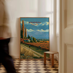 Mendoza Argentina Bodega Travel Poster — framed canvas on floor man walking past