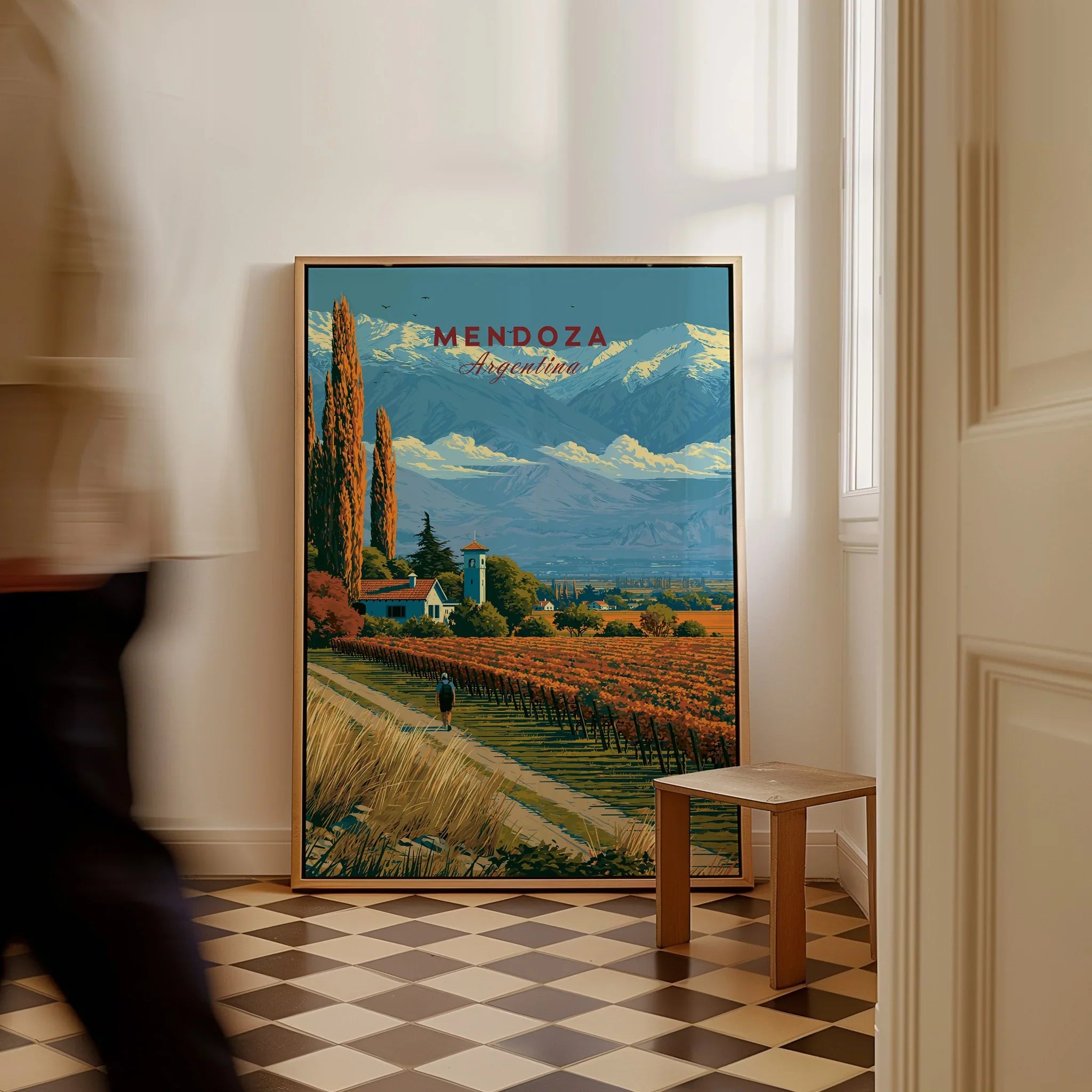 Mendoza Argentina Bodega Travel Poster — framed canvas on floor man walking past