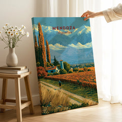 Mendoza Argentina Bodega Travel Poster — canvas print mirror edge hand holding room setting