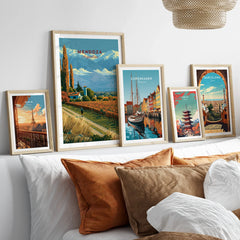 Mendoza Argentina Bodega Travel Poster — set five framed artprints above bed natural wood frames