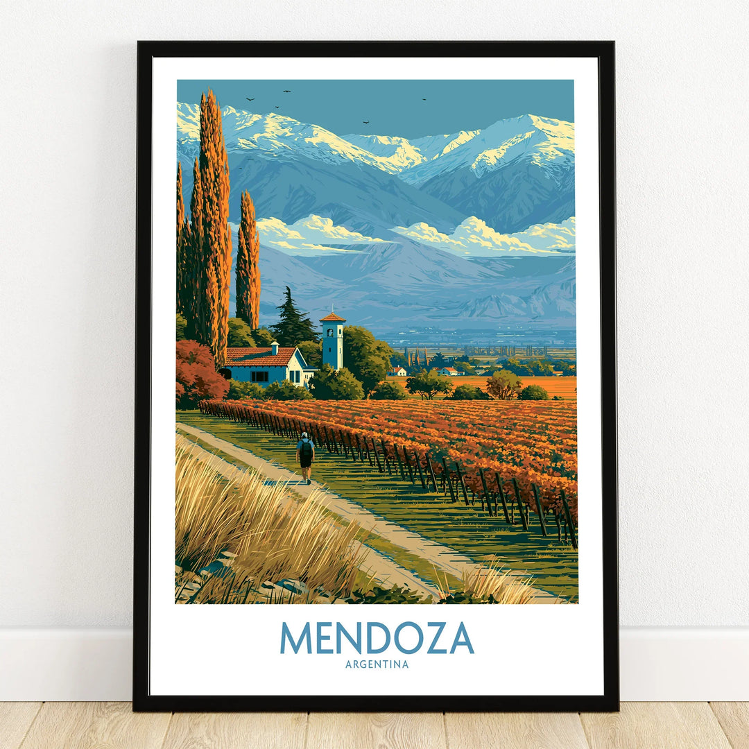 Mendoza Argentina Autumn Vines Wall Art — art print in black frame on wooden floor