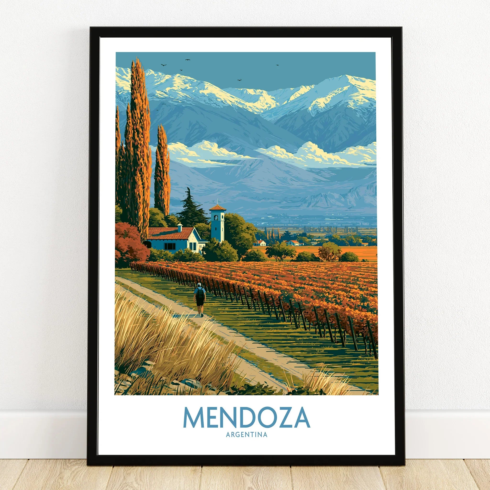 Mendoza Argentina Autumn Vines Wall Art — art print in black frame on wooden floor