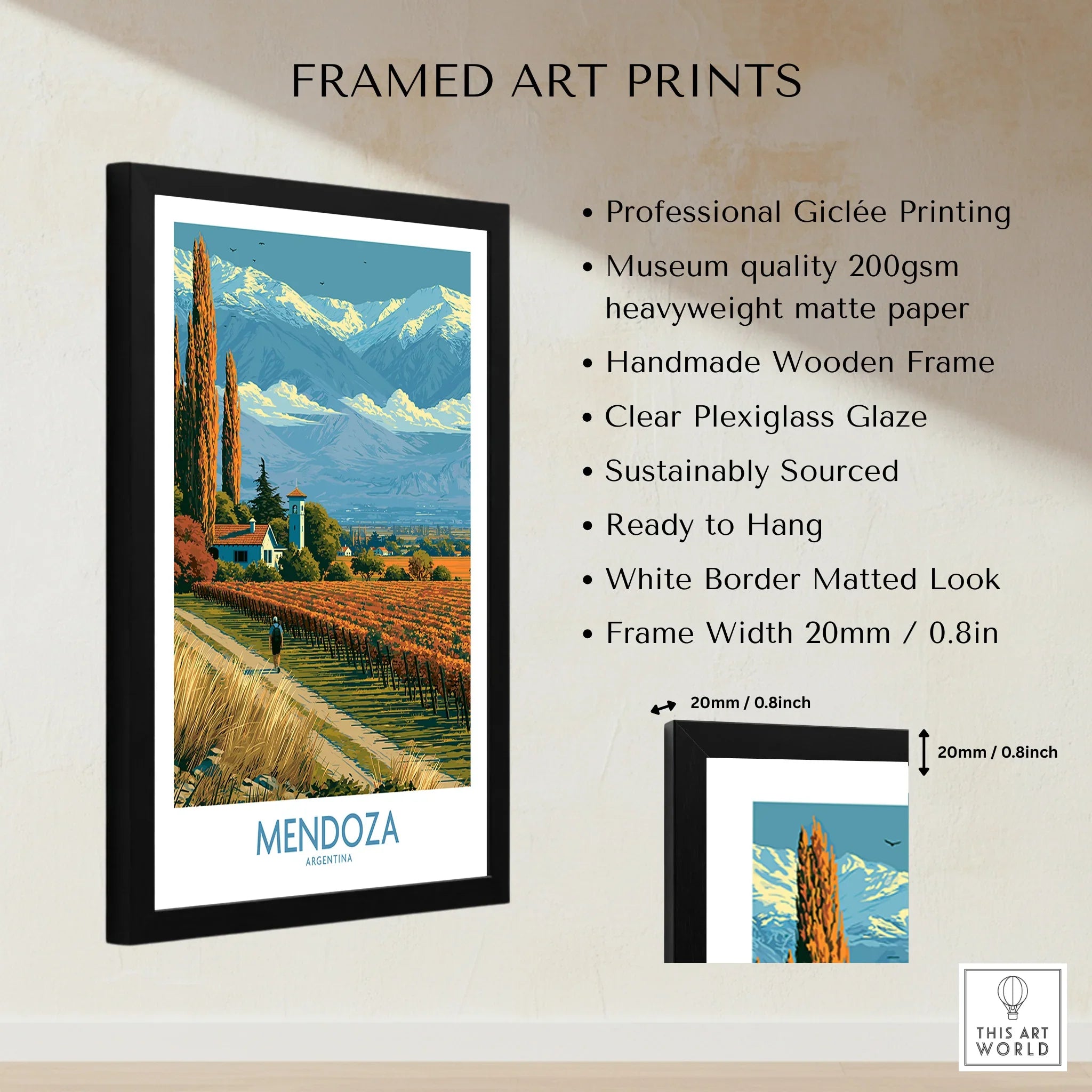 Mendoza Argentina Autumn Vines Wall Art — framed print details measurements quality details