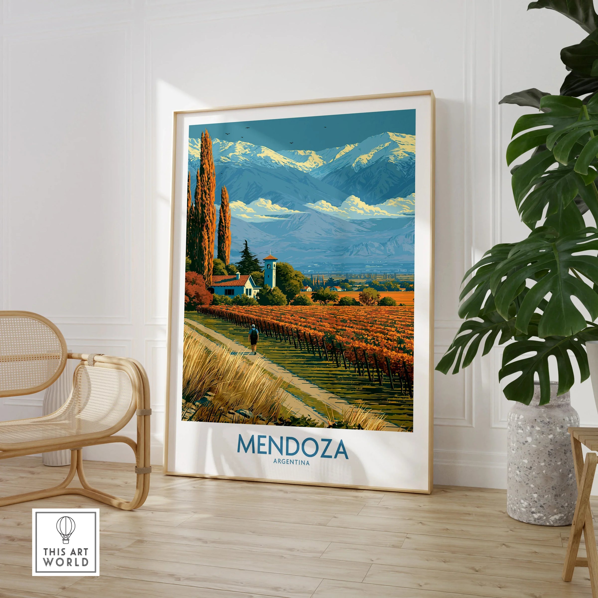 Mendoza Argentina Autumn Vines Wall Art — large framed print room setting chair plant