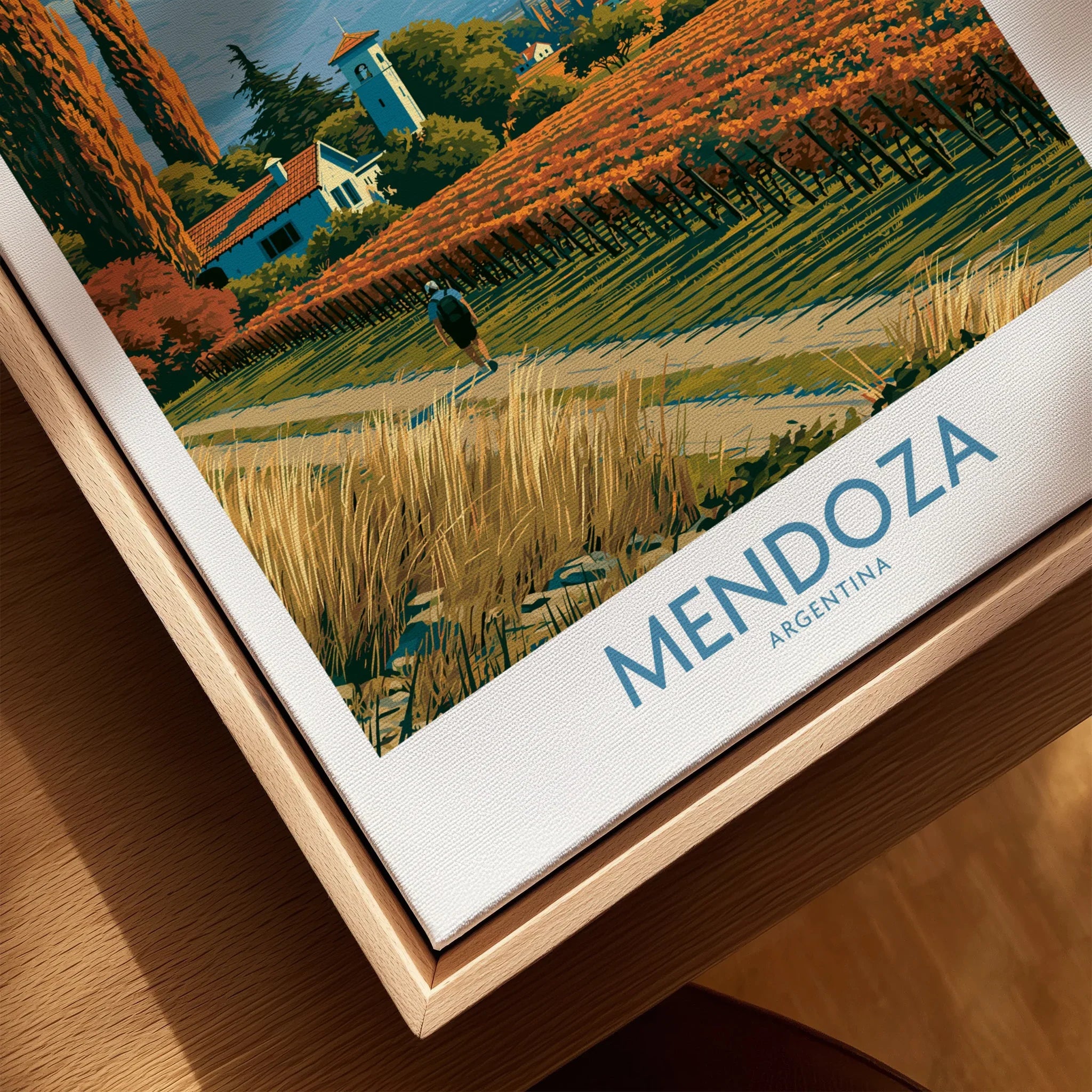 Mendoza Argentina Autumn Vines Wall Art — closeup framed canvas natural wood floating frame