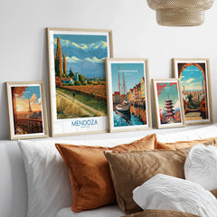 Mendoza Argentina Autumn Vines Wall Art — set five framed artprints above bed natural wood frames