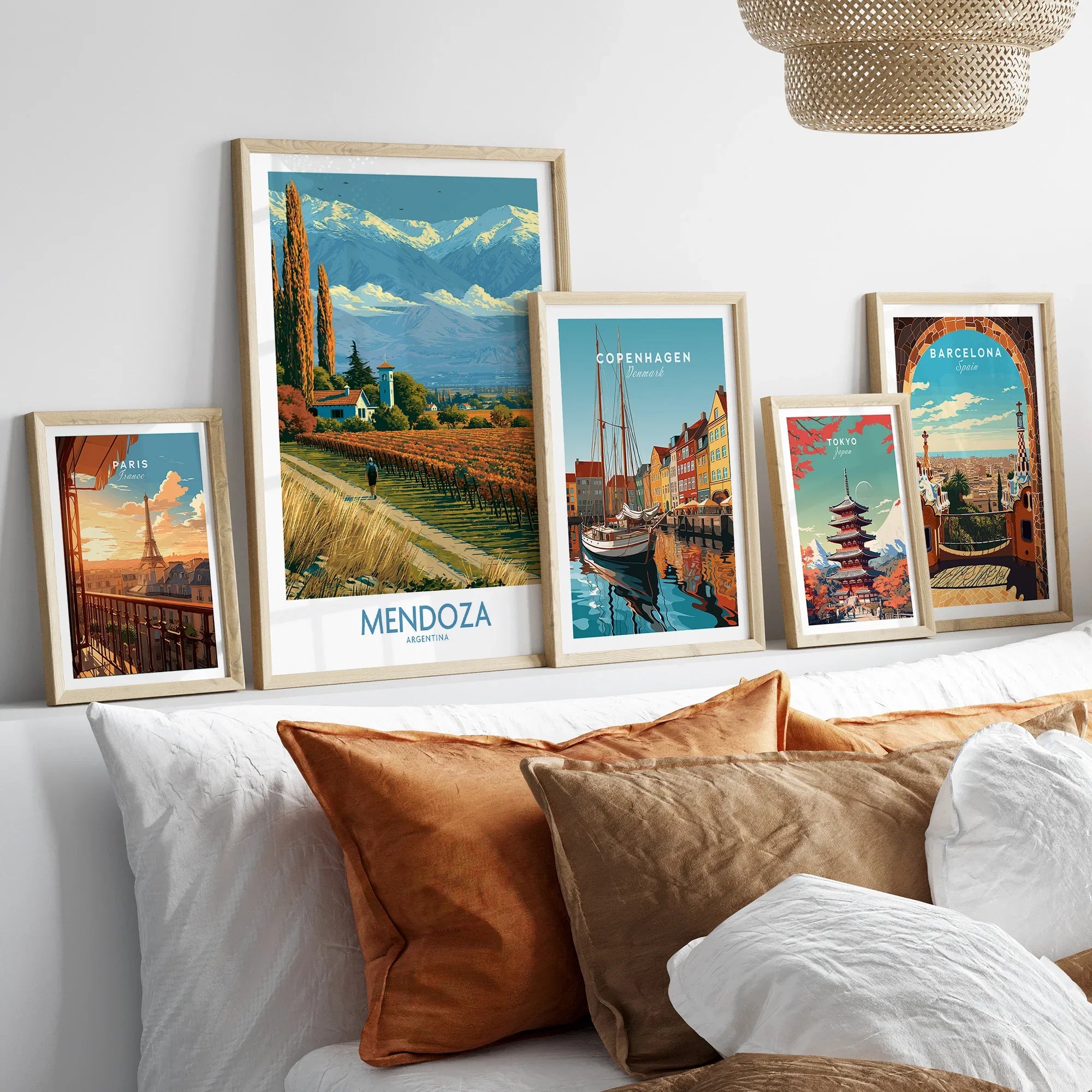 Mendoza Argentina Autumn Vines Wall Art — set five framed artprints above bed natural wood frames