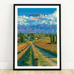 Mendoza Argentina Wine Country Travel Poster — art print in black frame on wooden floor