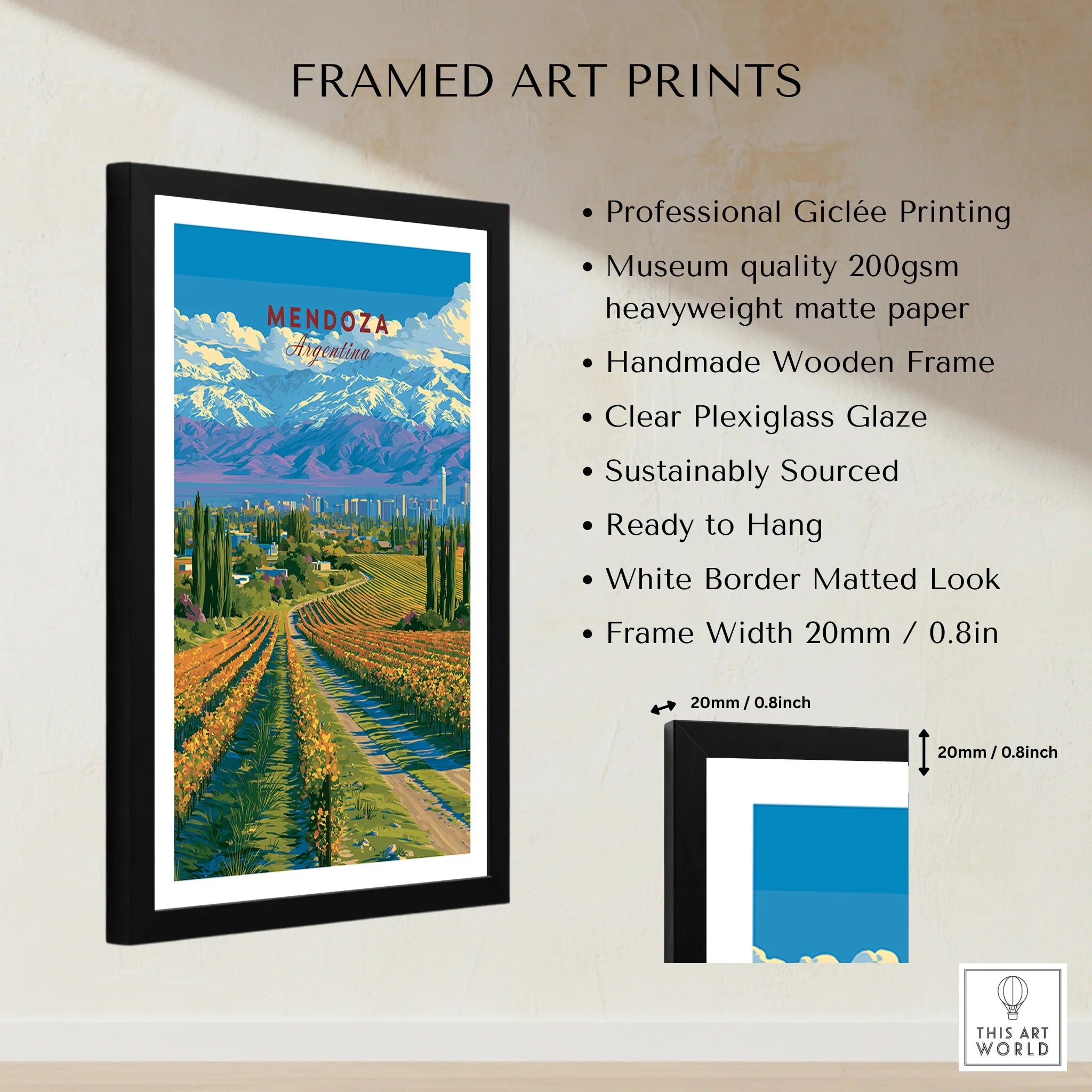 Mendoza Argentina Wine Country Travel Poster — framed print details measurements quality details