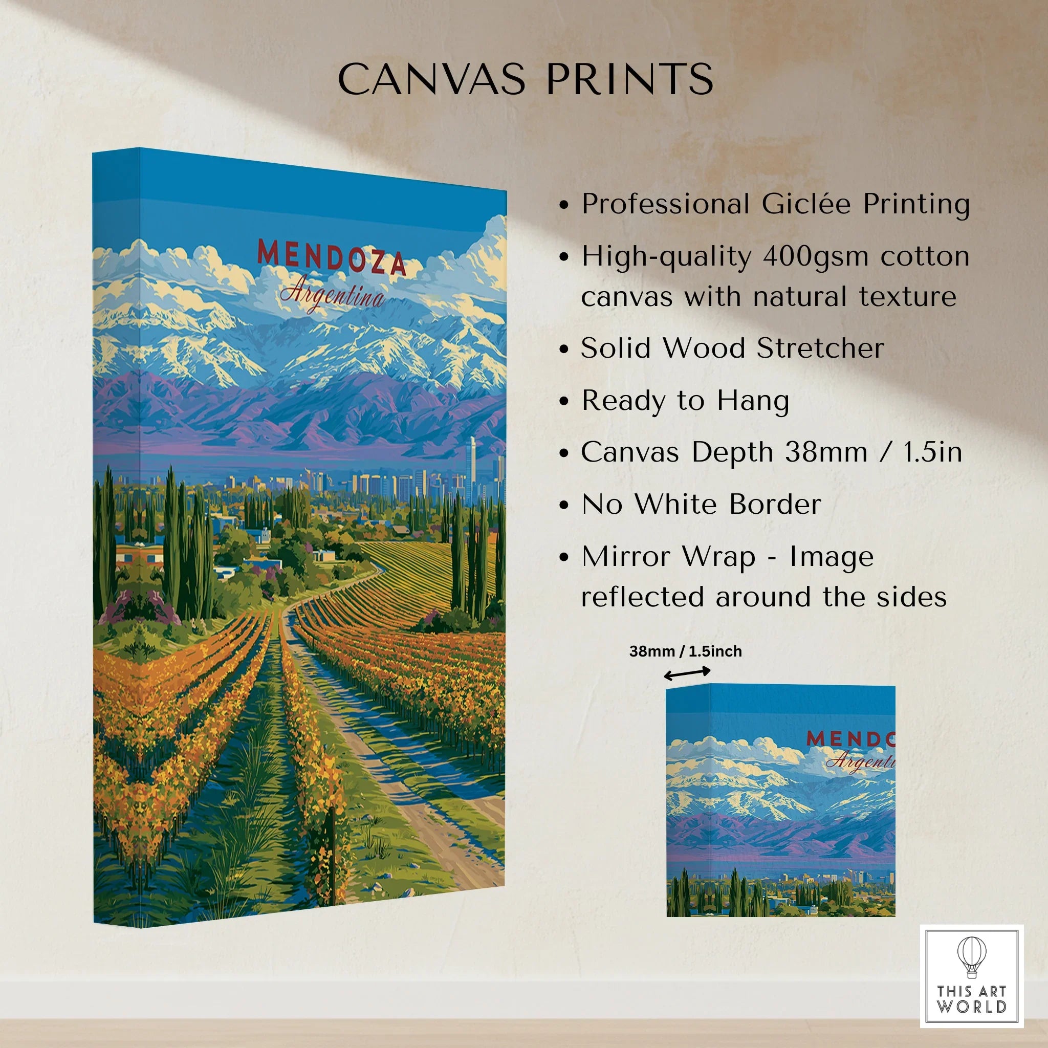 Mendoza Argentina Wine Country Travel Poster — canvas print stretched cotton canvas details