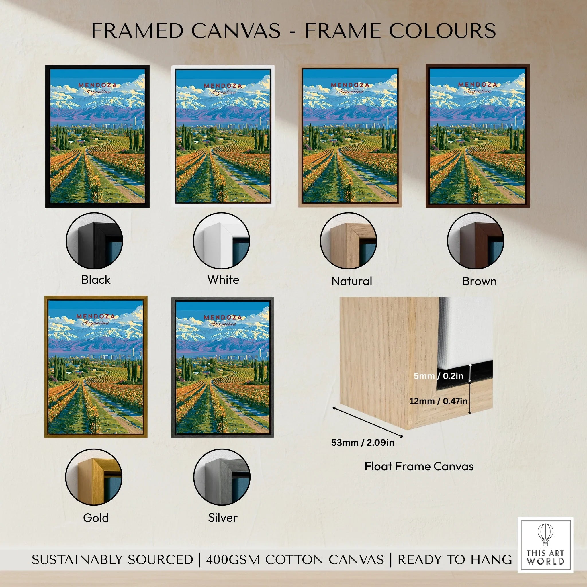 Mendoza Argentina Wine Country Travel Poster — framed canvas float frame colour options