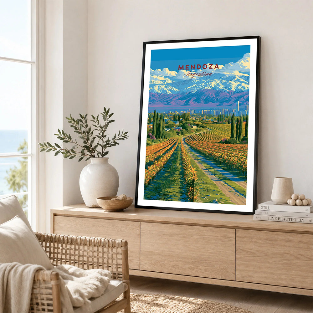 Mendoza Argentina Wine Country Travel Poster — framed artwork living room lifestyle setting