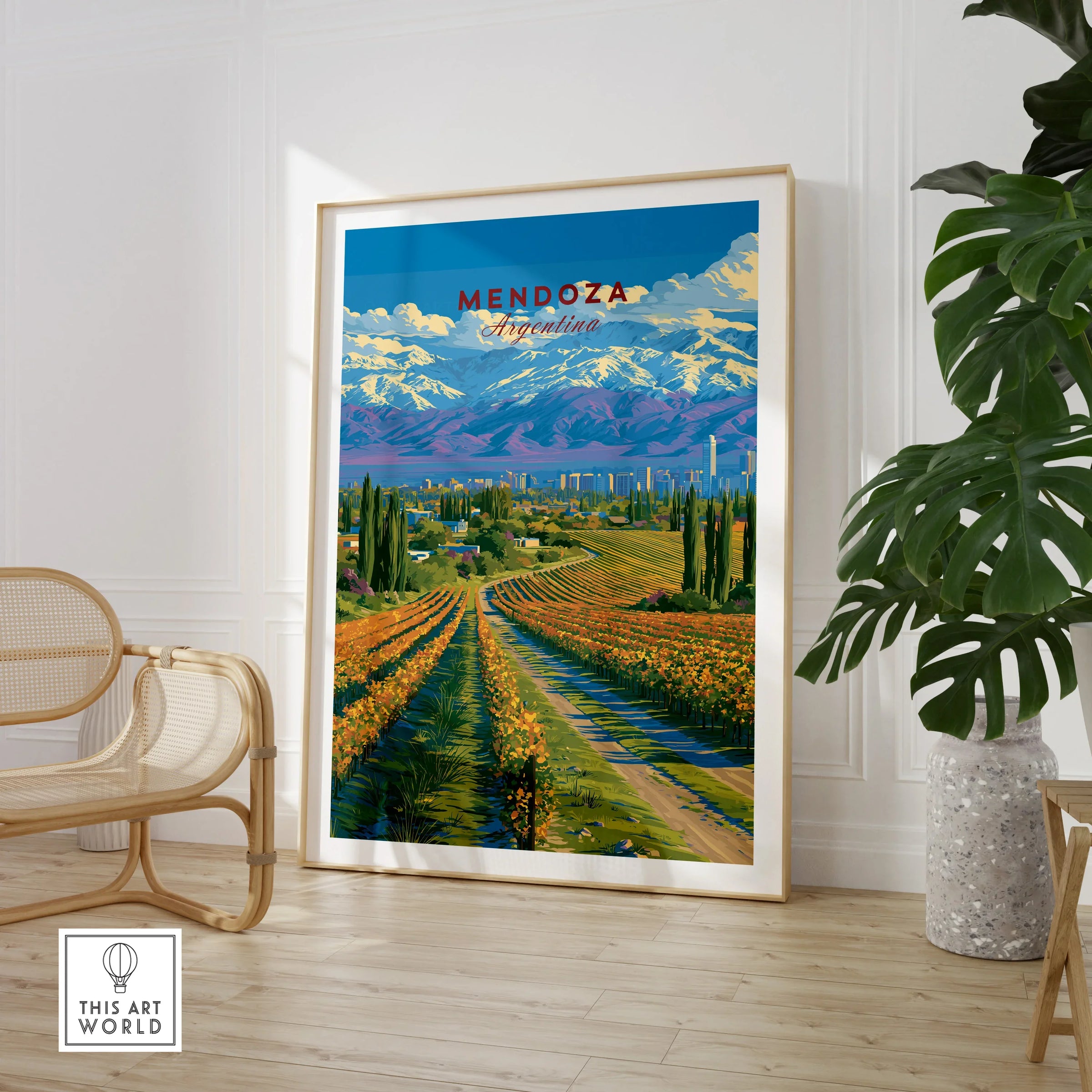 Mendoza Argentina Wine Country Travel Poster — large framed print room setting chair plant