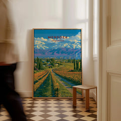 Mendoza Argentina Wine Country Travel Poster — framed canvas on floor man walking past