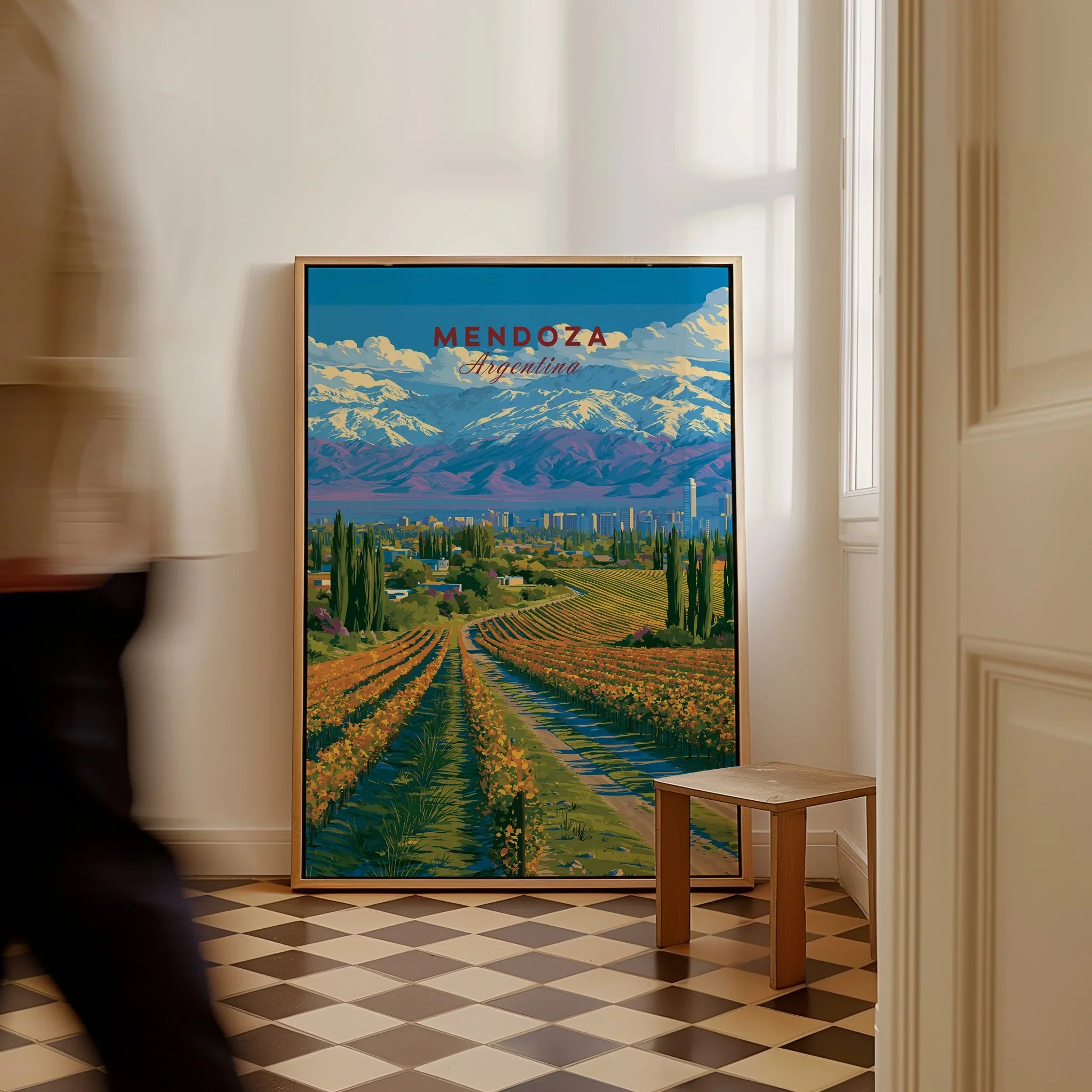 Mendoza Argentina Wine Country Travel Poster — framed canvas on floor man walking past
