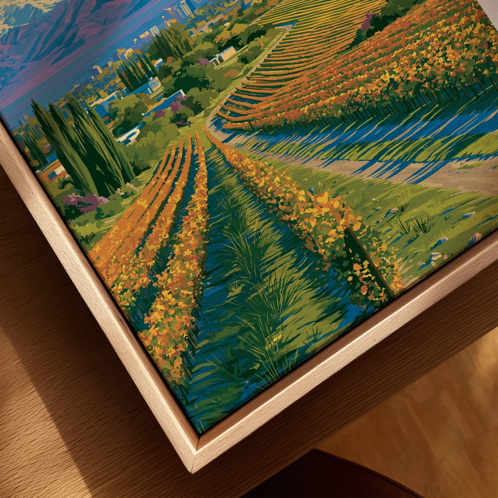 Mendoza Argentina Wine Country Travel Poster — closeup framed canvas natural wood floating frame