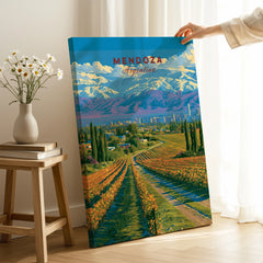 Mendoza Argentina Wine Country Travel Poster — canvas print mirror edge hand holding room setting