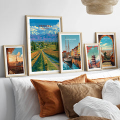Mendoza Argentina Wine Country Travel Poster — set five framed artprints above bed natural wood frames
