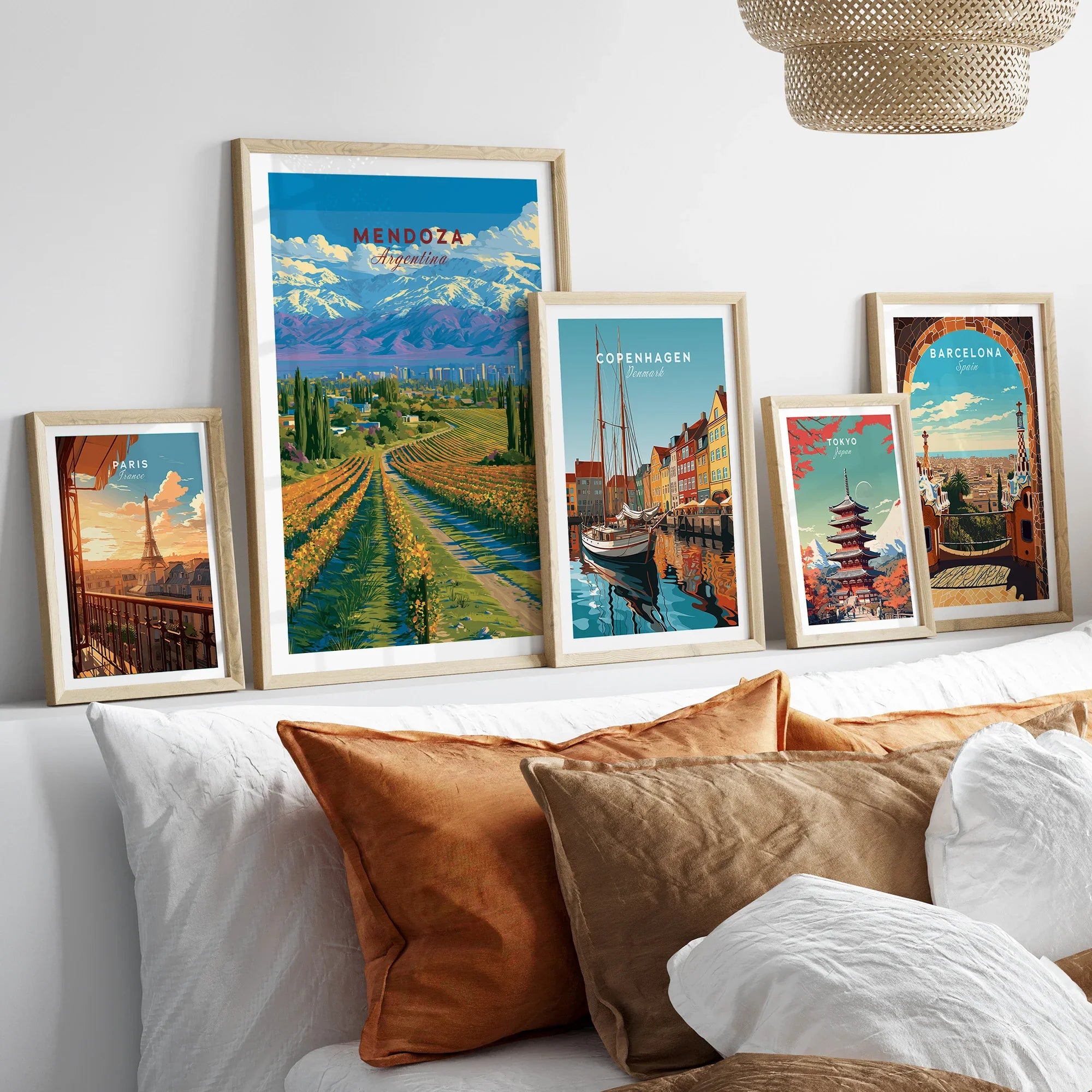 Mendoza Argentina Wine Country Travel Poster — set five framed artprints above bed natural wood frames