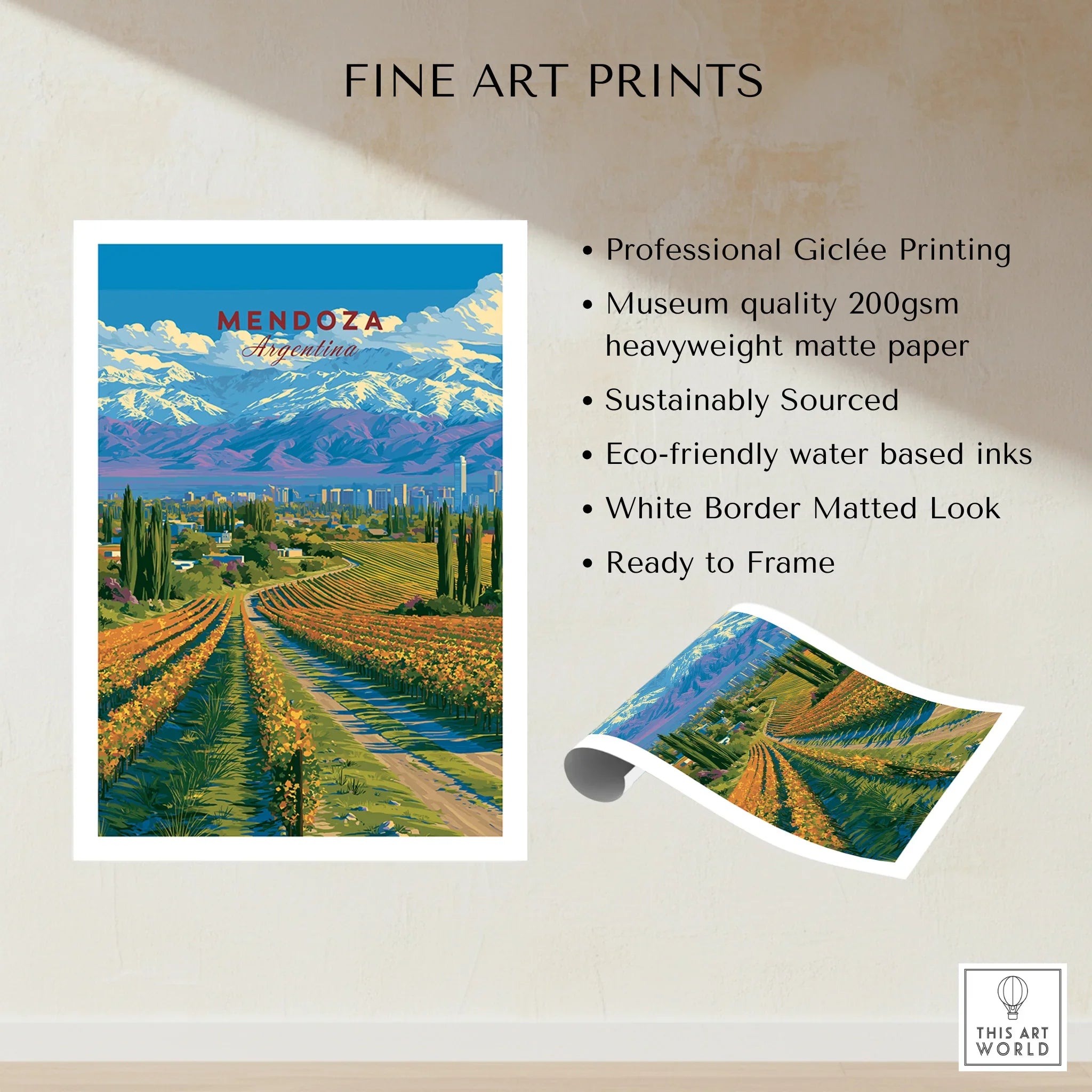 Mendoza Argentina Wine Country Travel Poster — fine art print unframed quality details