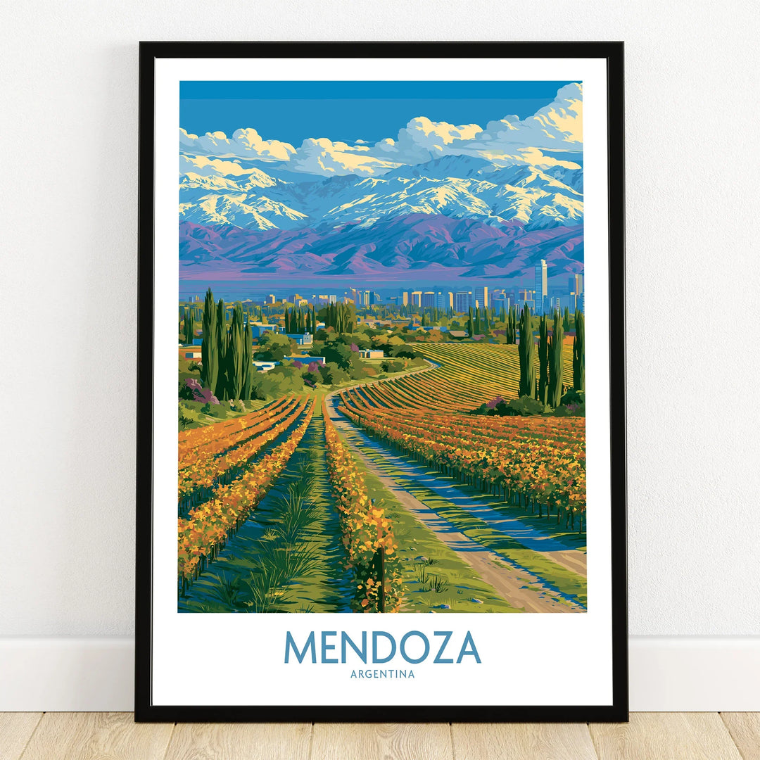 Mendoza Argentina Skyline Wall Art — art print in black frame on wooden floor