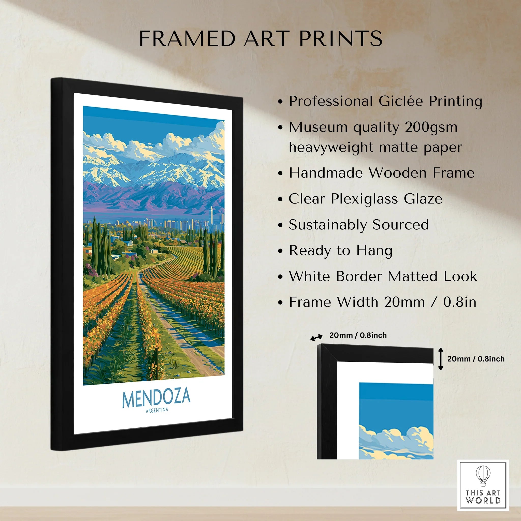 Mendoza Argentina Skyline Wall Art — framed print details measurements quality details