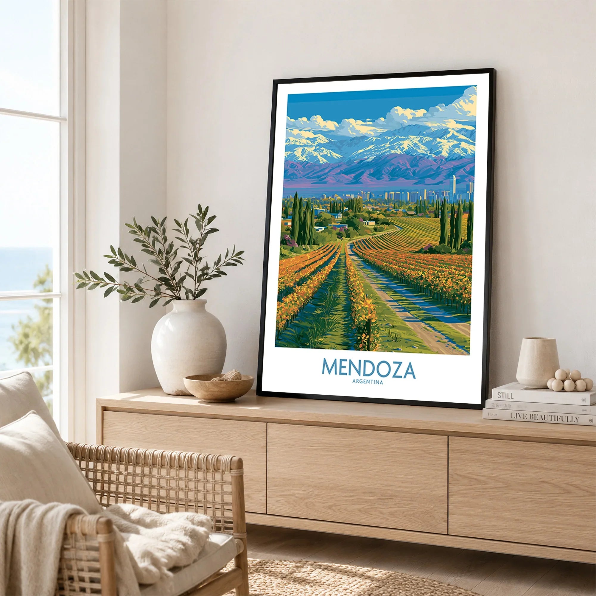 Mendoza Argentina Skyline Wall Art — framed artwork living room lifestyle setting