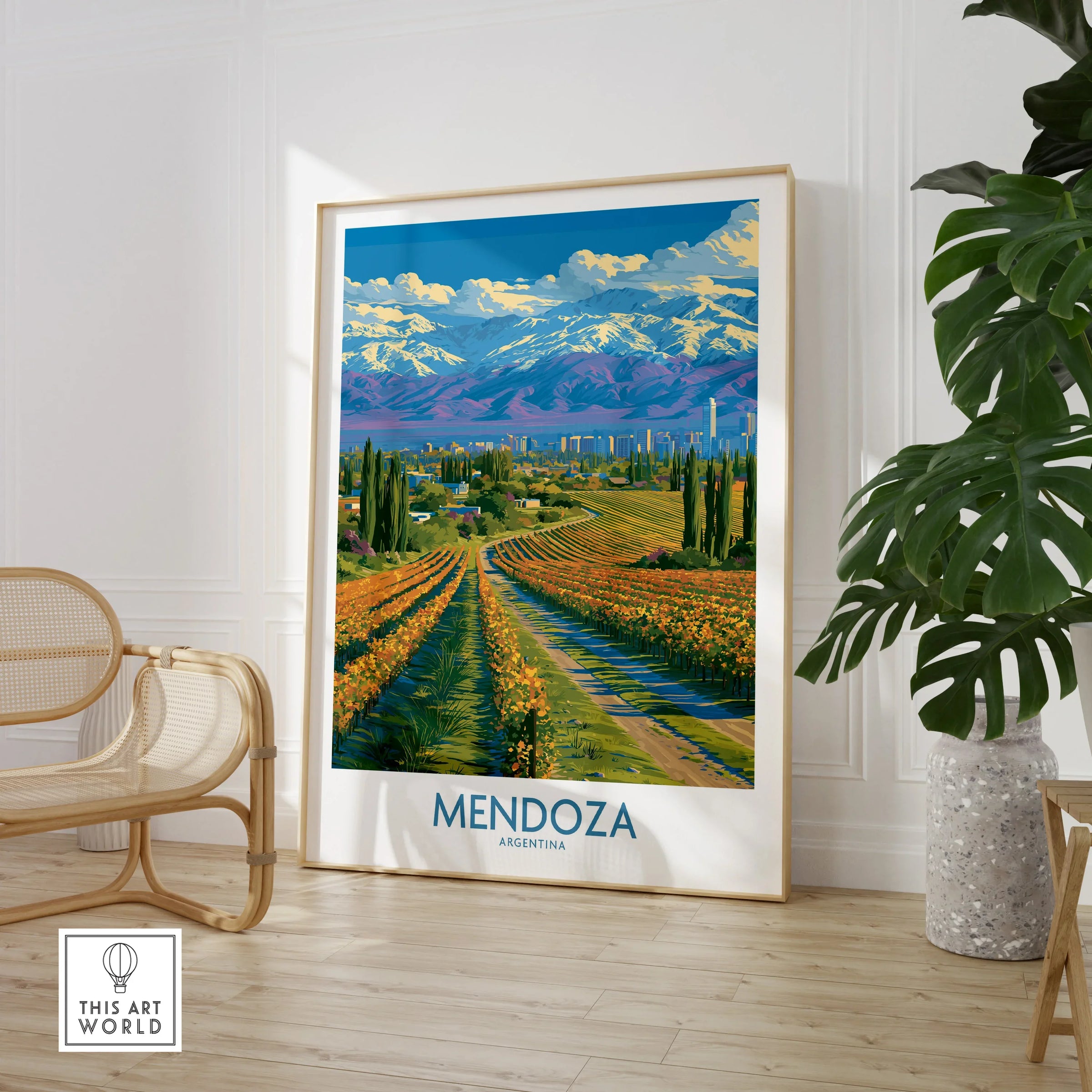 Mendoza Argentina Skyline Wall Art — large framed print room setting chair plant
