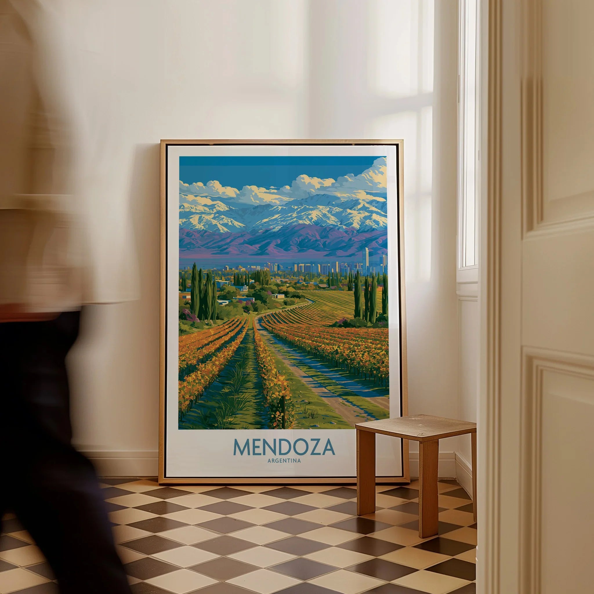 Mendoza Argentina Skyline Wall Art — framed canvas on floor man walking past
