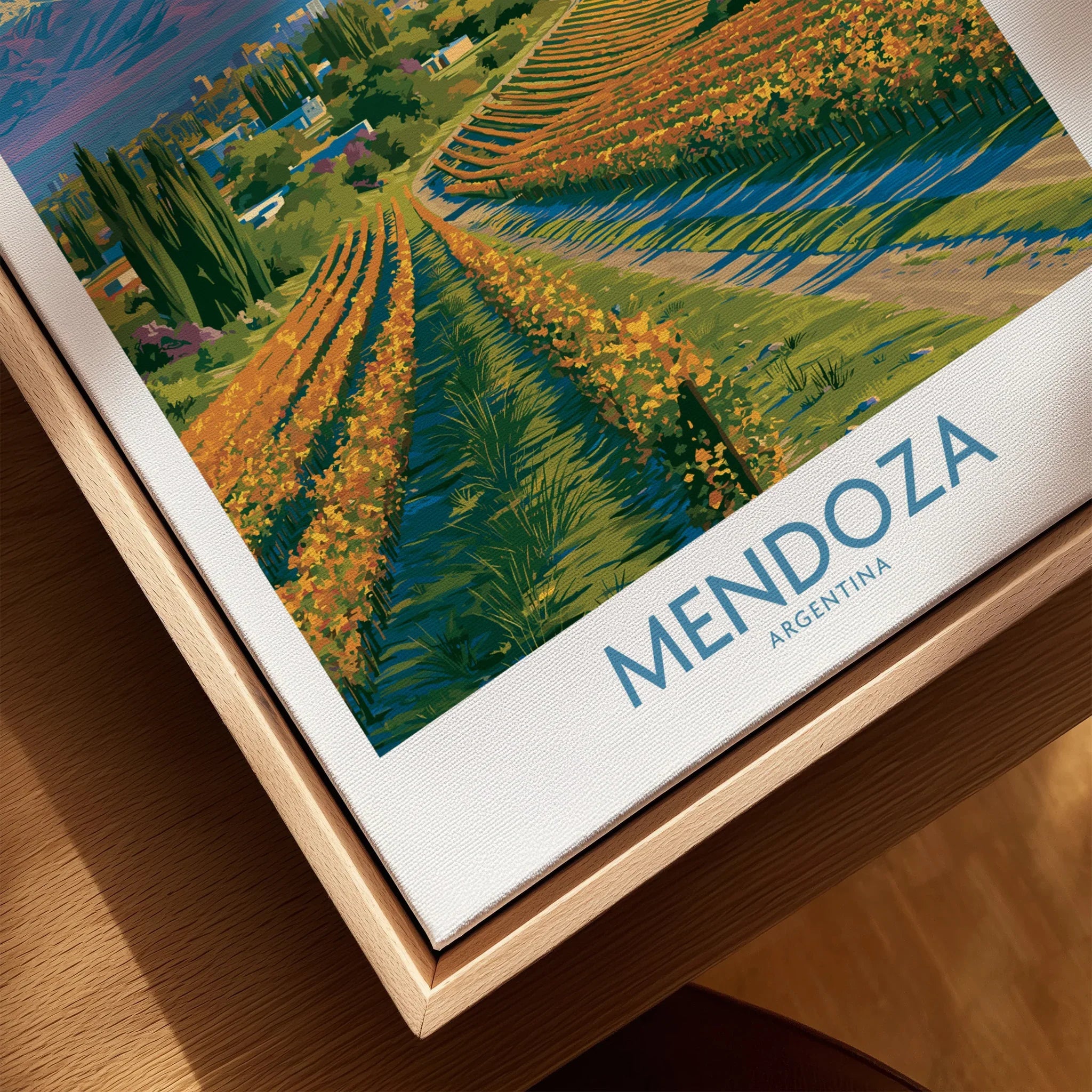 Mendoza Argentina Skyline Wall Art — closeup framed canvas natural wood floating frame