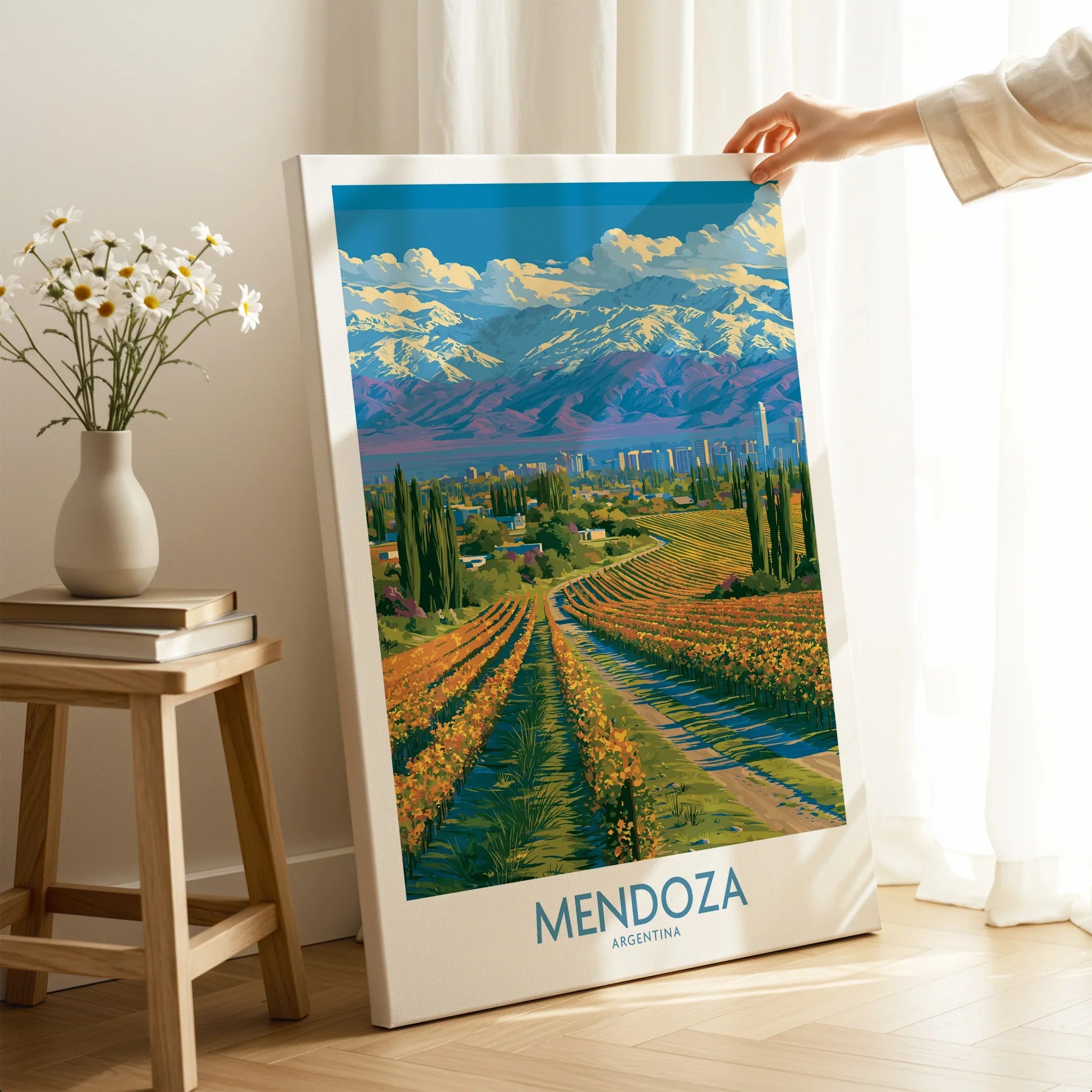 Mendoza Argentina Skyline Wall Art — canvas print mirror edge hand holding room setting