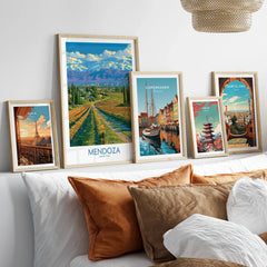 Mendoza Argentina Skyline Wall Art — set five framed artprints above bed natural wood frames
