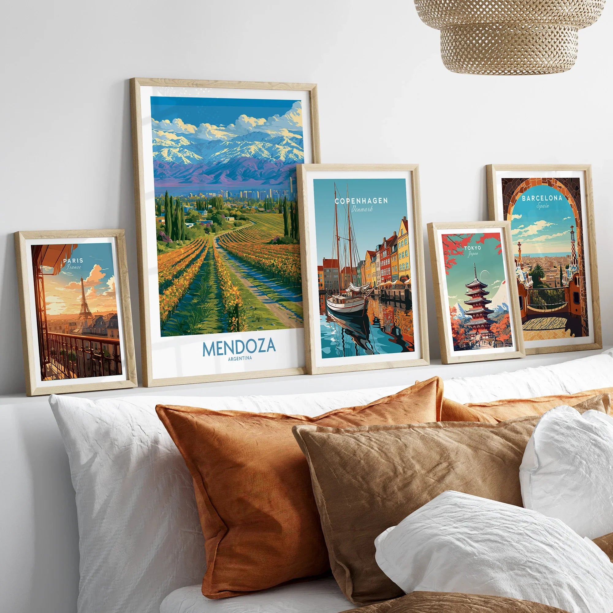 Mendoza Argentina Skyline Wall Art — set five framed artprints above bed natural wood frames