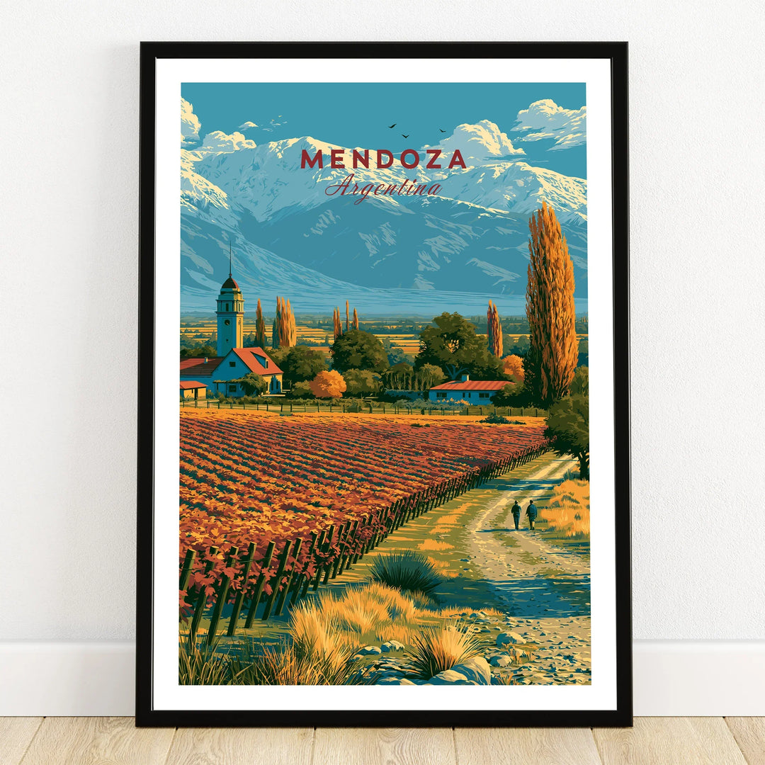 Mendoza Argentina Vineyard Church Travel Poster — art print in black frame on wooden floor