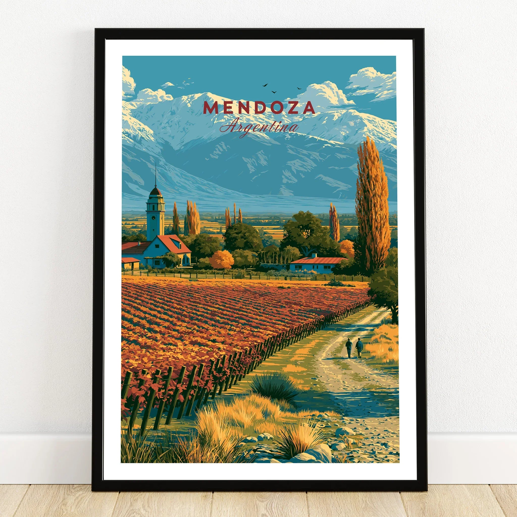 Mendoza Argentina Vineyard Church Travel Poster — art print in black frame on wooden floor
