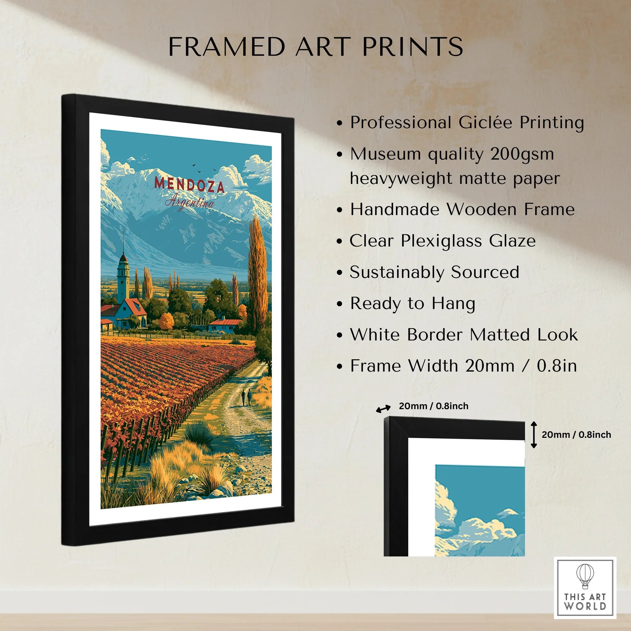 Mendoza Argentina Vineyard Church Travel Poster — framed print details measurements quality details