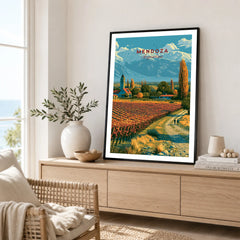 Mendoza Argentina Vineyard Church Travel Poster — framed artwork living room lifestyle setting