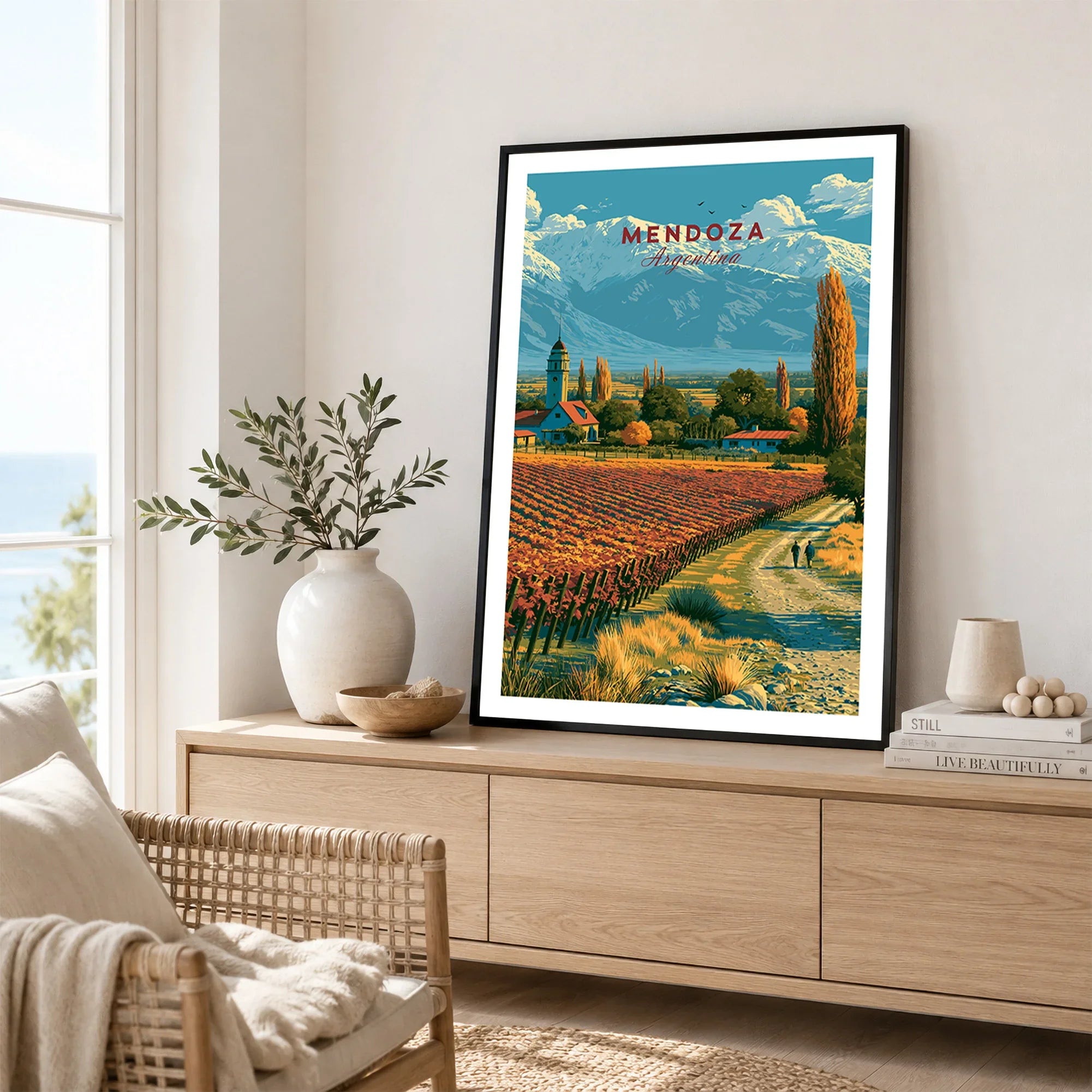 Mendoza Argentina Vineyard Church Travel Poster — framed artwork living room lifestyle setting
