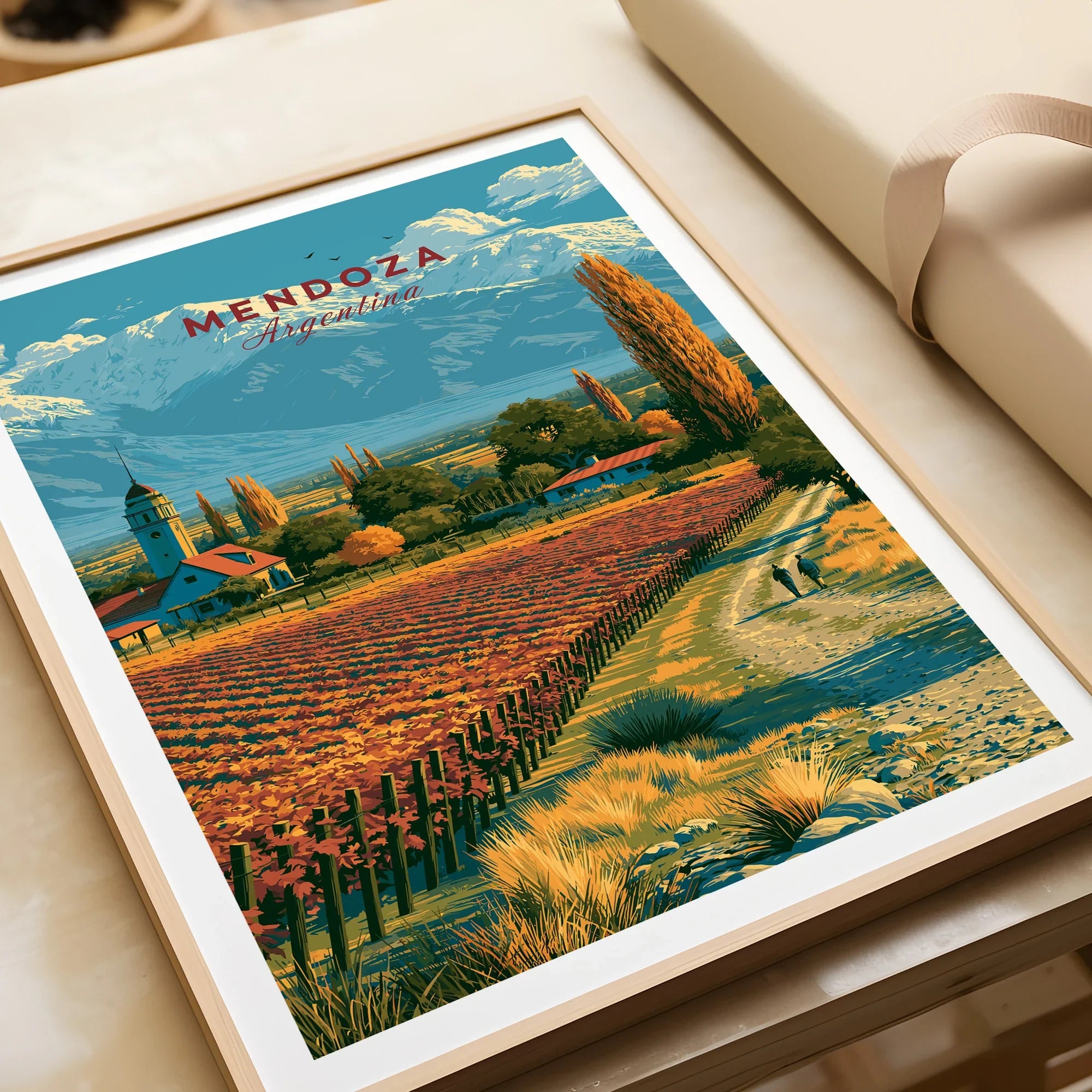 Mendoza Argentina Vineyard Church Travel Poster — framed art print closeup gift unwrapped natural frame