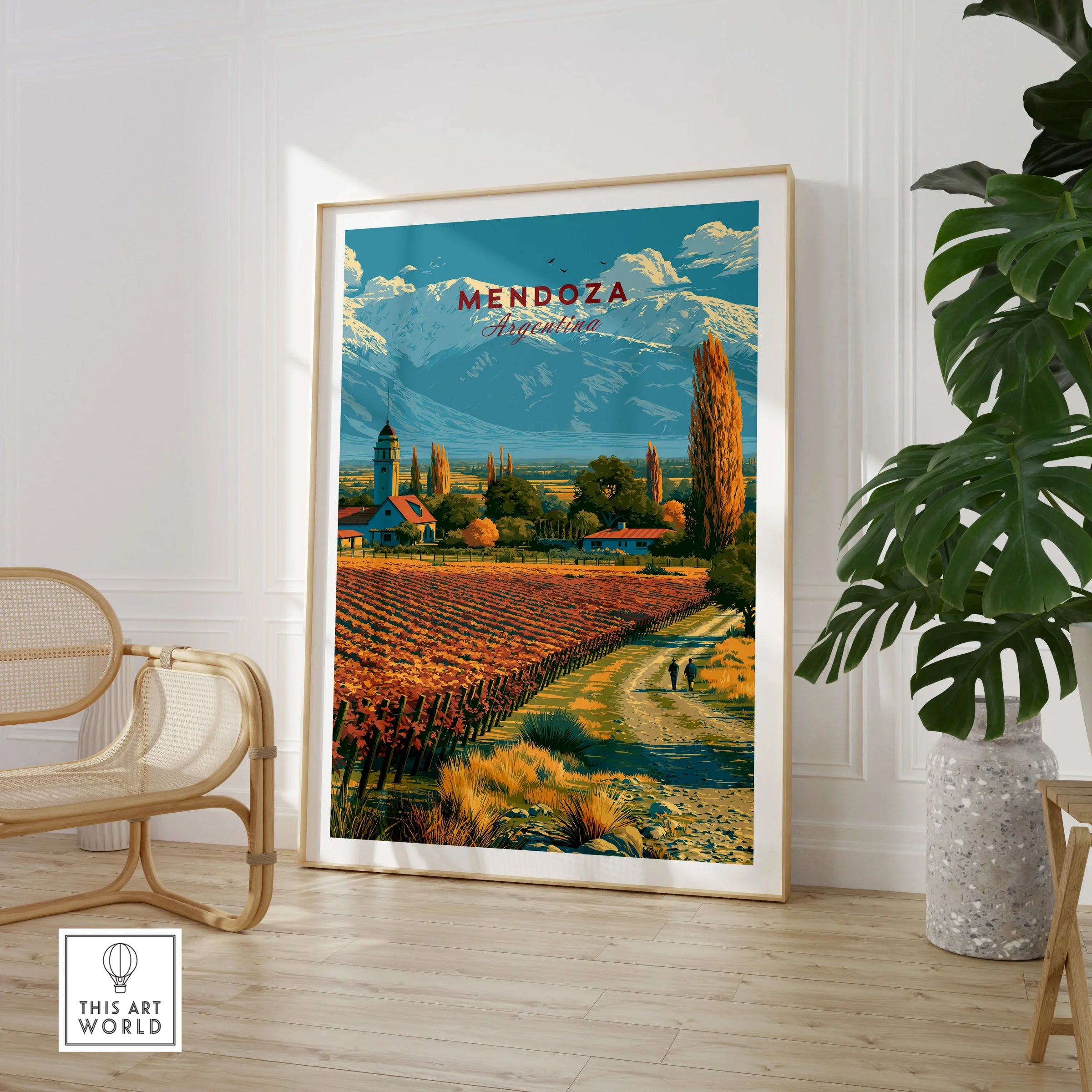 Mendoza Argentina Vineyard Church Travel Poster — large framed print room setting chair plant