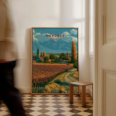 Mendoza Argentina Vineyard Church Travel Poster — framed canvas on floor man walking past