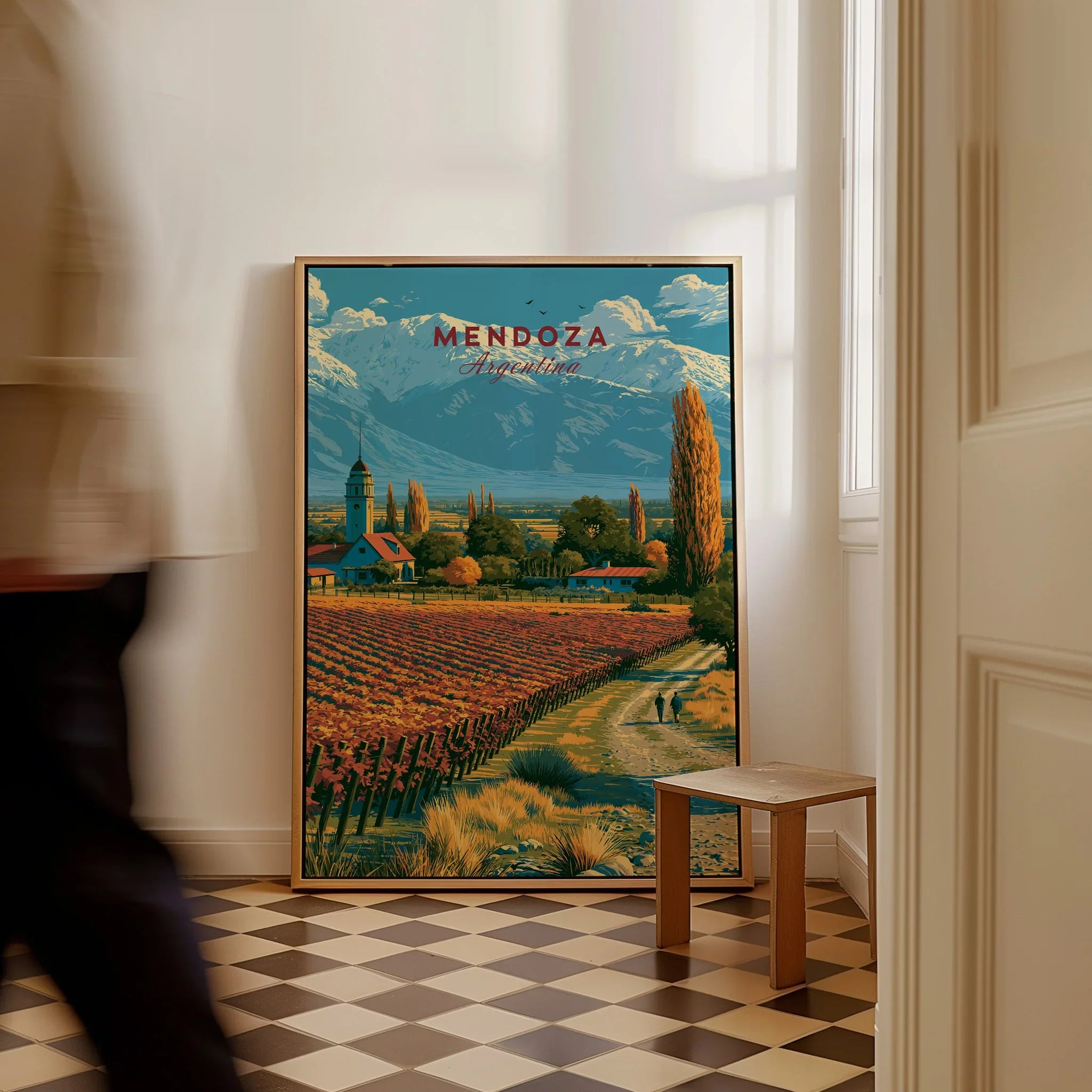 Mendoza Argentina Vineyard Church Travel Poster — framed canvas on floor man walking past