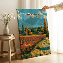 Mendoza Argentina Vineyard Church Travel Poster — canvas print mirror edge hand holding room setting
