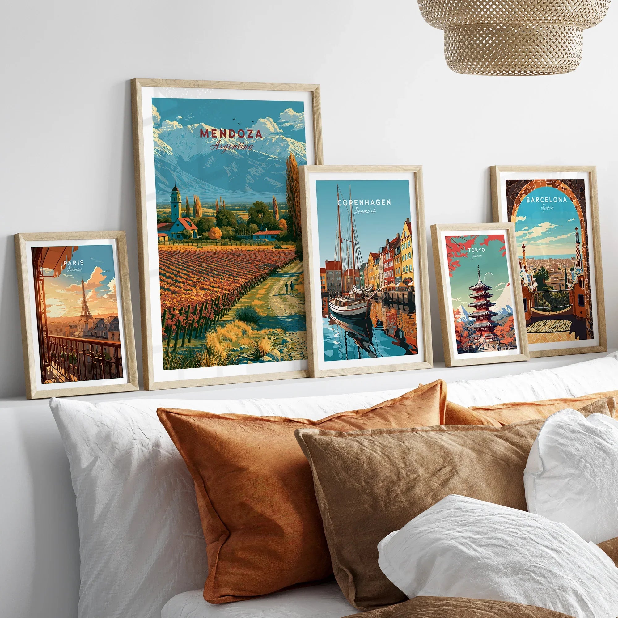 Mendoza Argentina Vineyard Church Travel Poster — set five framed artprints above bed natural wood frames