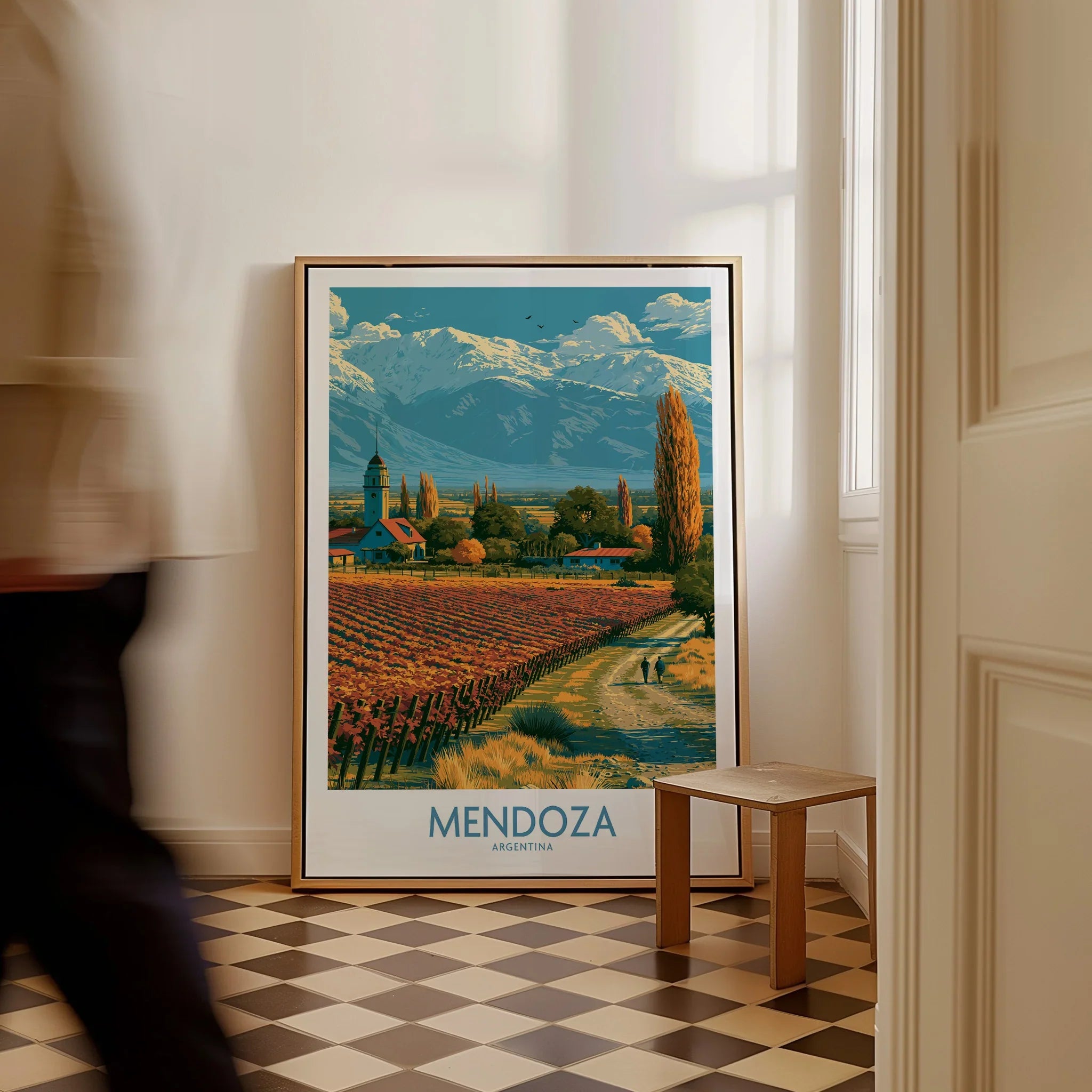 Mendoza Argentina Foothills Wall Art — framed canvas on floor man walking past