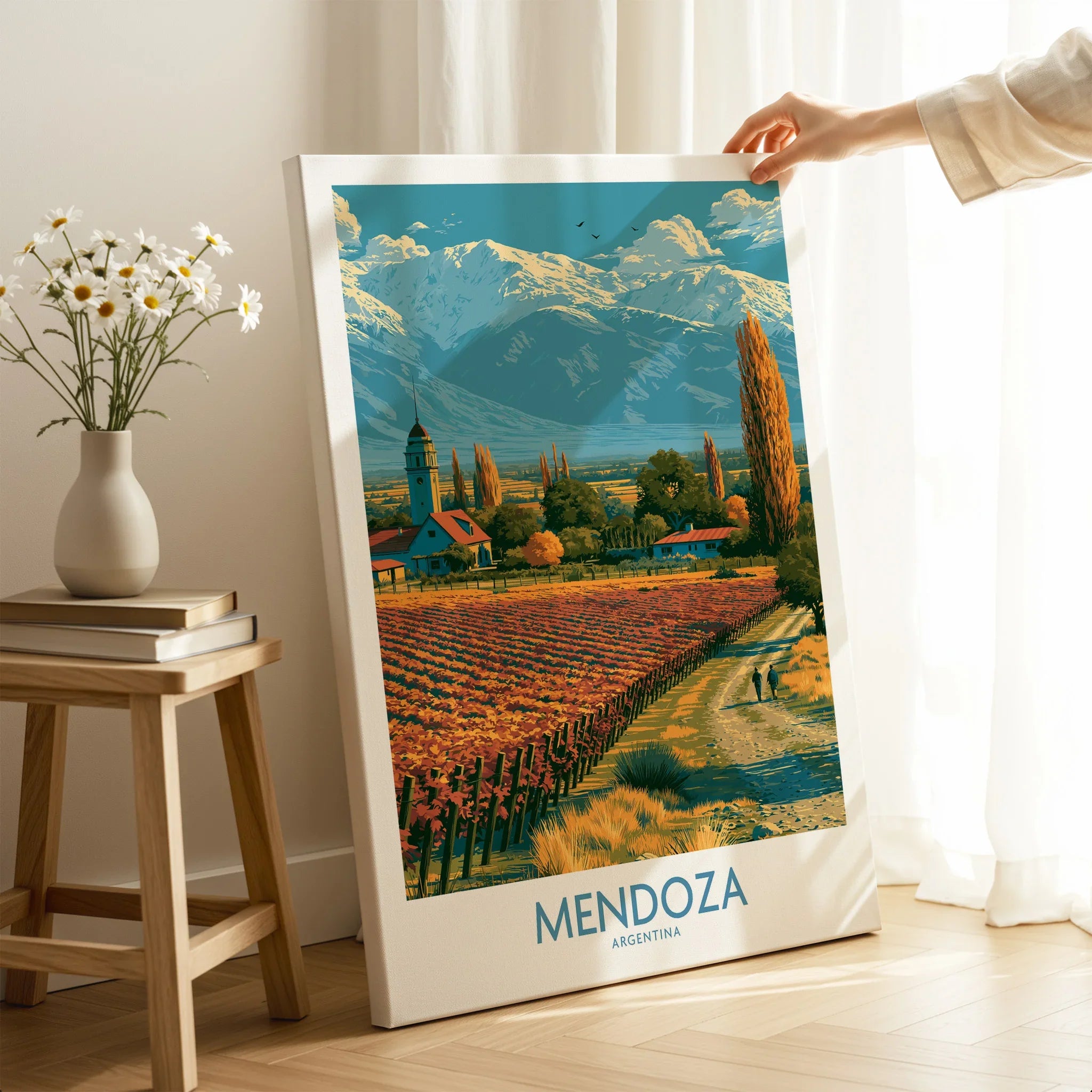 Mendoza Argentina Foothills Wall Art — canvas print mirror edge hand holding room setting