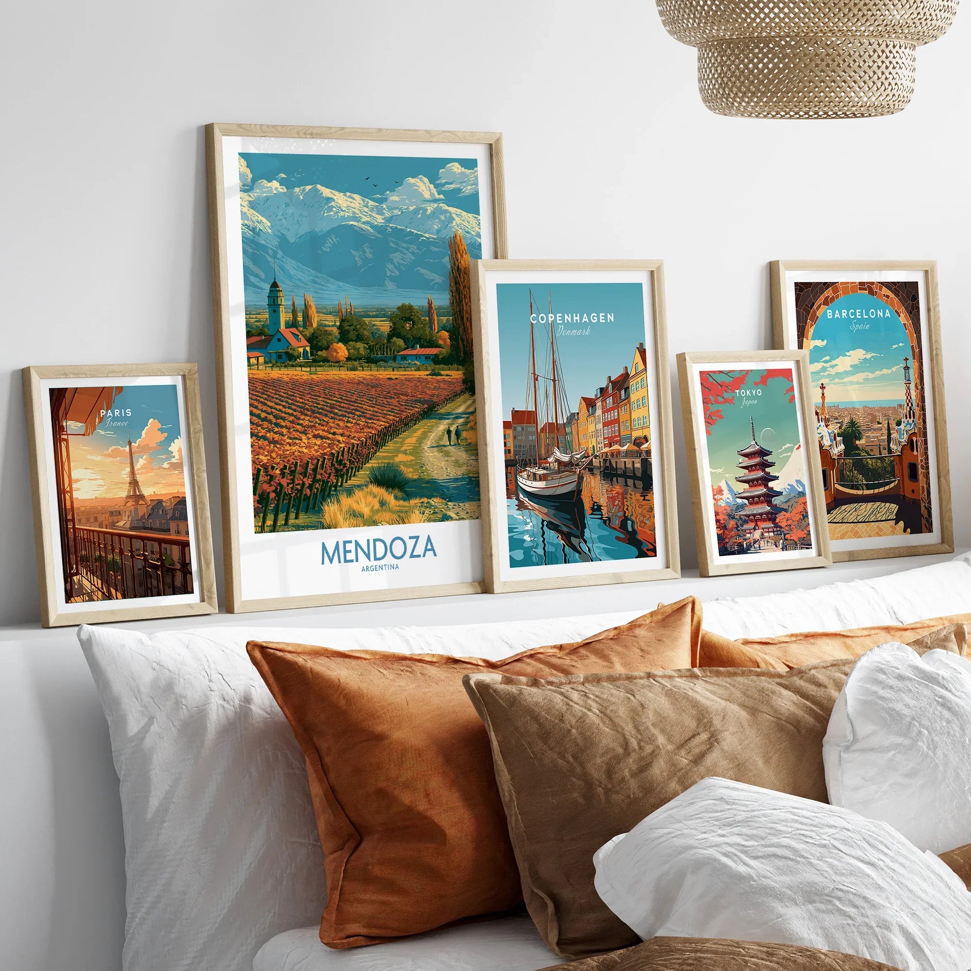 Mendoza Argentina Foothills Wall Art — set five framed artprints above bed natural wood frames