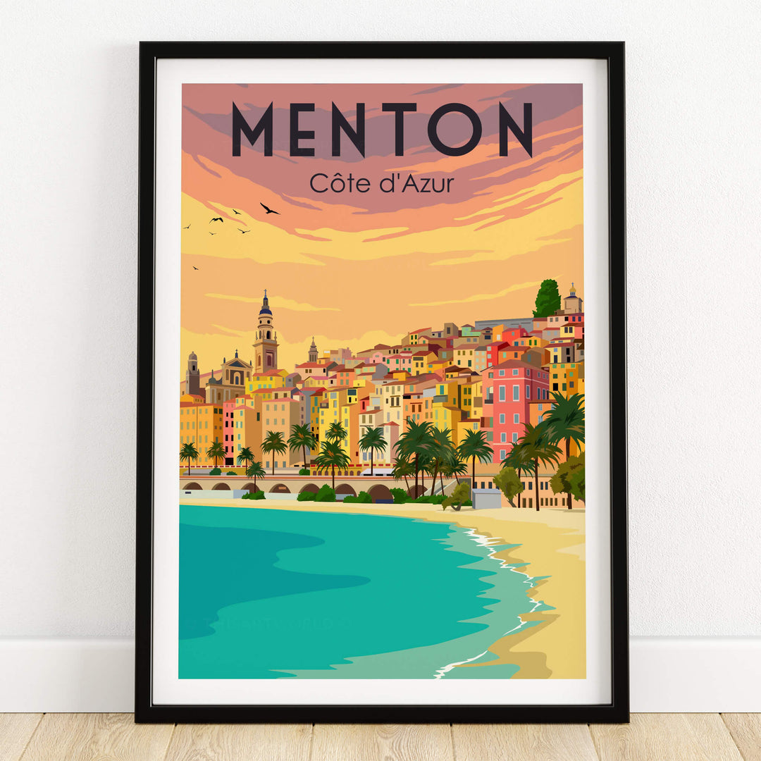 Menton France Print Poster | Vintage depicting the coastal charm and colorful buildings of Menton, Côte d'Azur.