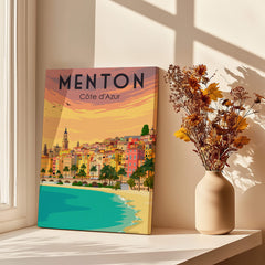 Menton France Print Poster | Vintage displayed beside flowers in a vase, showcasing charming coastal scenery.